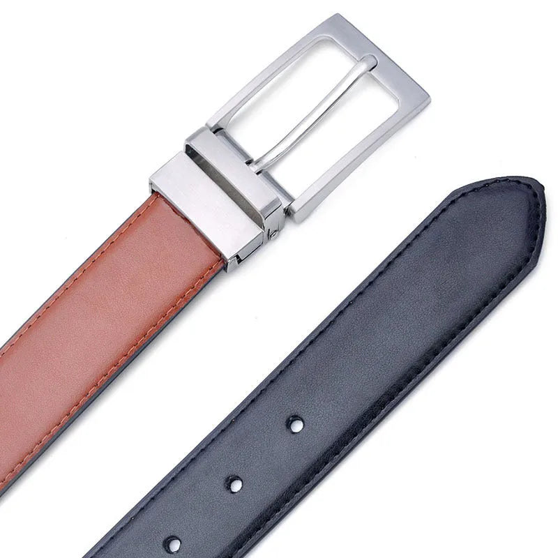 Men's brown and black leather belt with rotating pin buckle shown at 2-4cm width