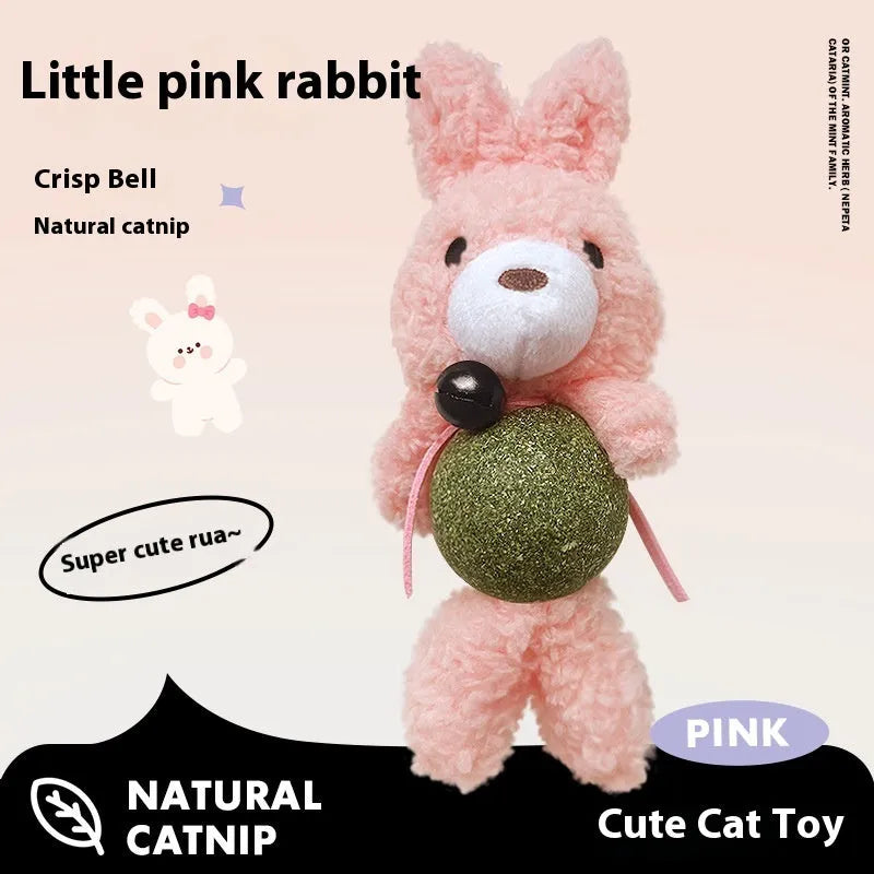 Brown bear plush cat toy with mint ball centre and bell, measuring 15cm high by 7cm wide