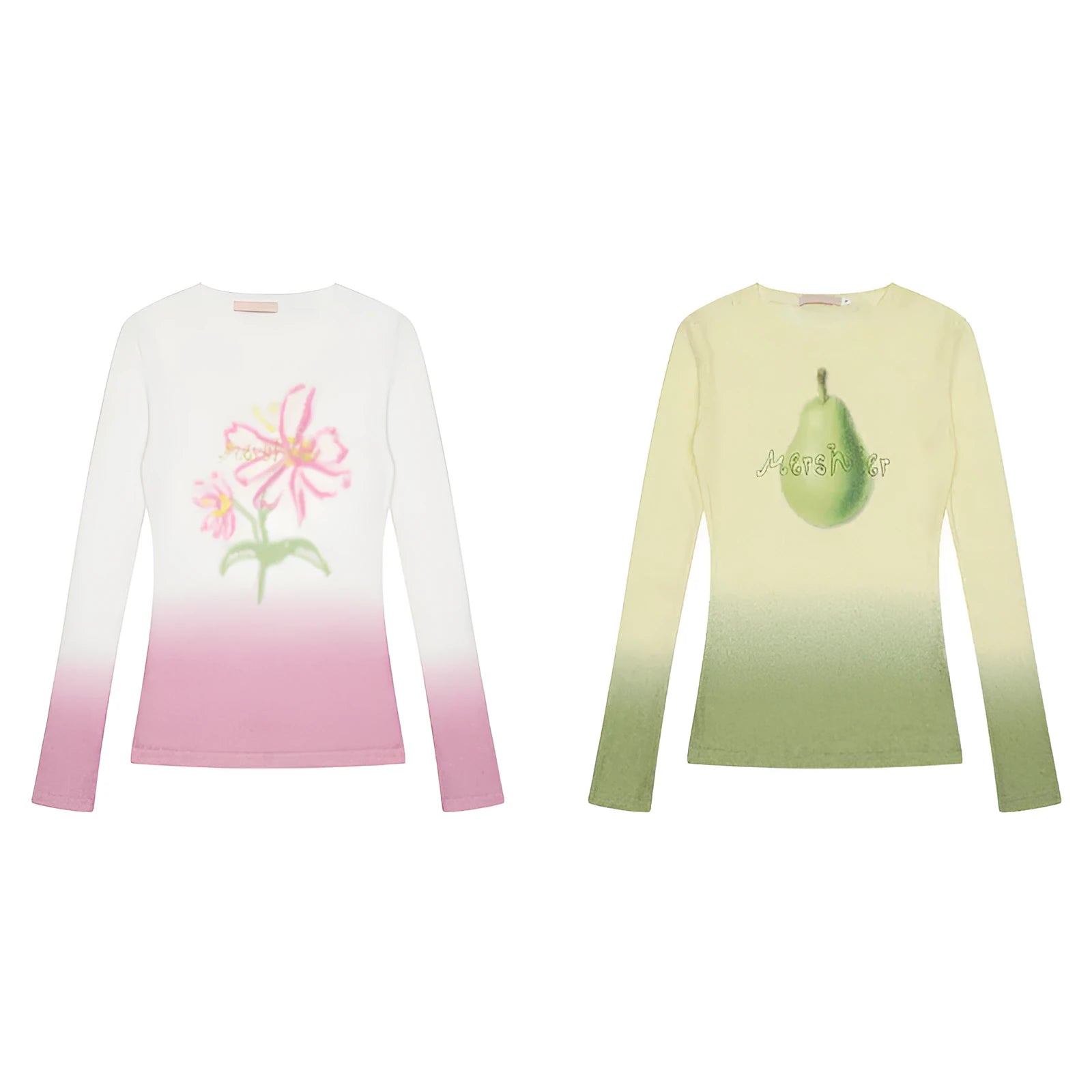 Women's yellow green gradient floral print long sleeve t-shirt on a hanger.