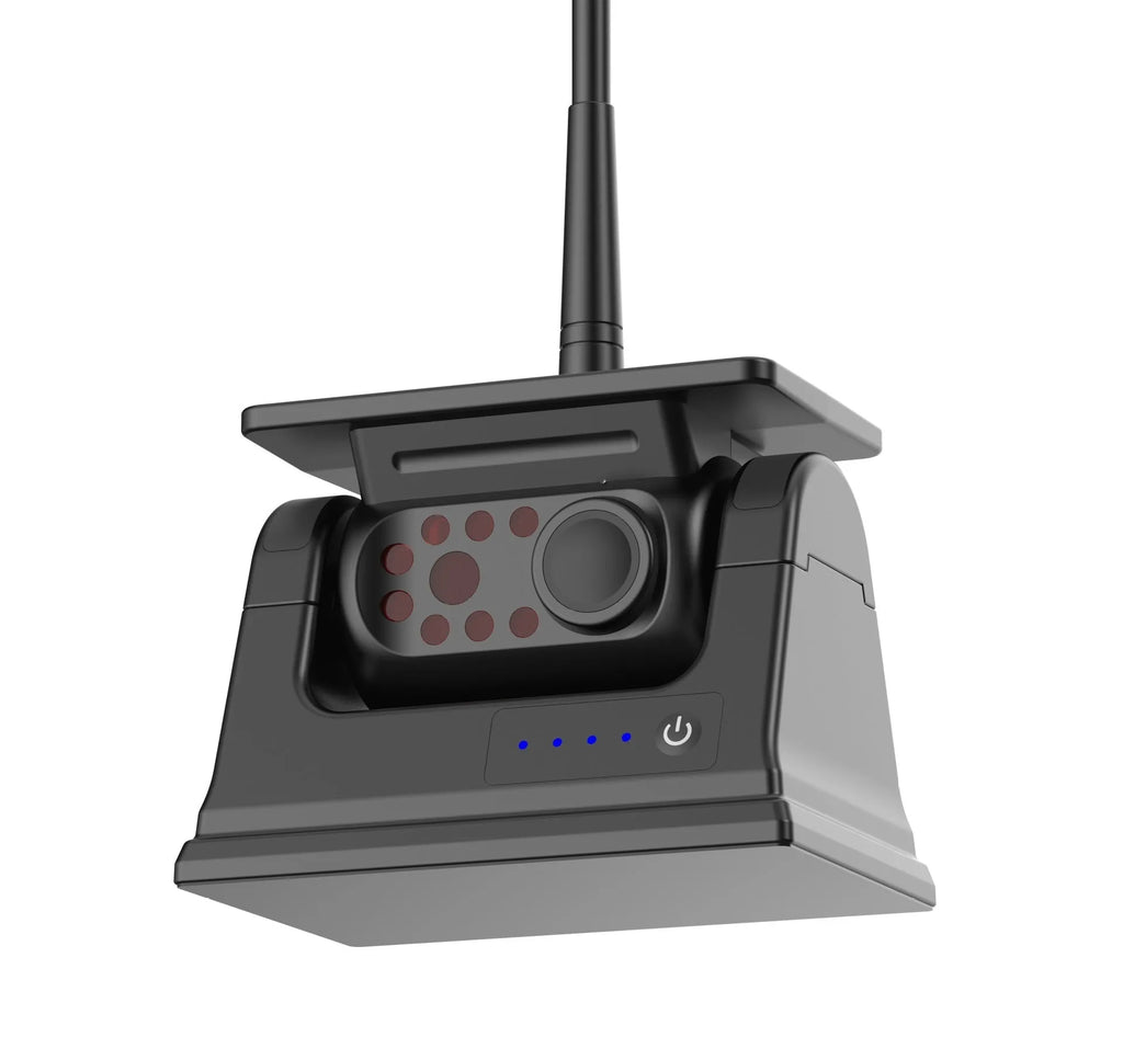 YL-Solar WF908 solar-powered wireless reversing camera with magnet mount on black aluminium alloy shell.