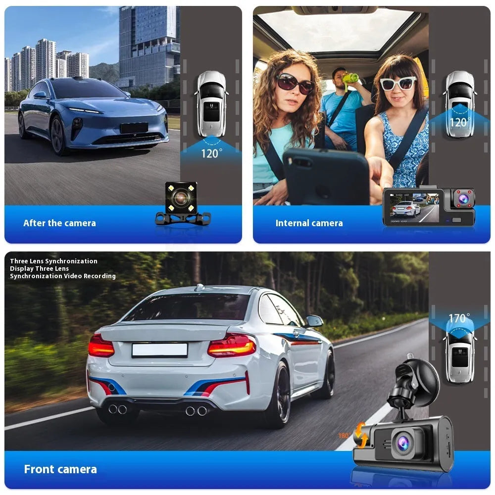 WiFi car dash cam with front and rear cameras showing on 2.0 inch screen with data cable for mobile phone connection