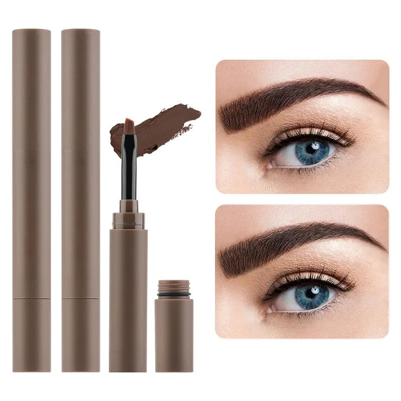 Double-headed eyebrow cream tube showing pencil and powder ends, with colour options reddish brown, brown, light brown, dark brown, and black.