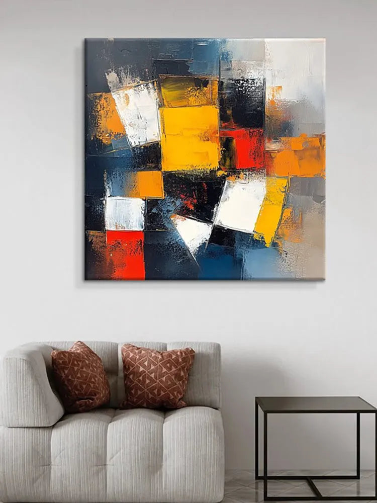 Hand-painted abstract oil painting on canvas, square unframed size 80x80cm, colourful design on white background.