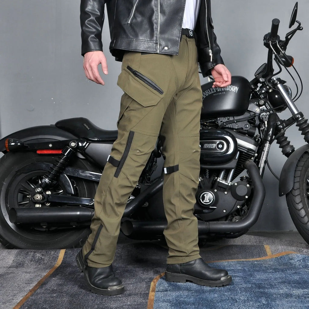 Men's waterproof black cycling trousers with removable protective gear for motorcycle use