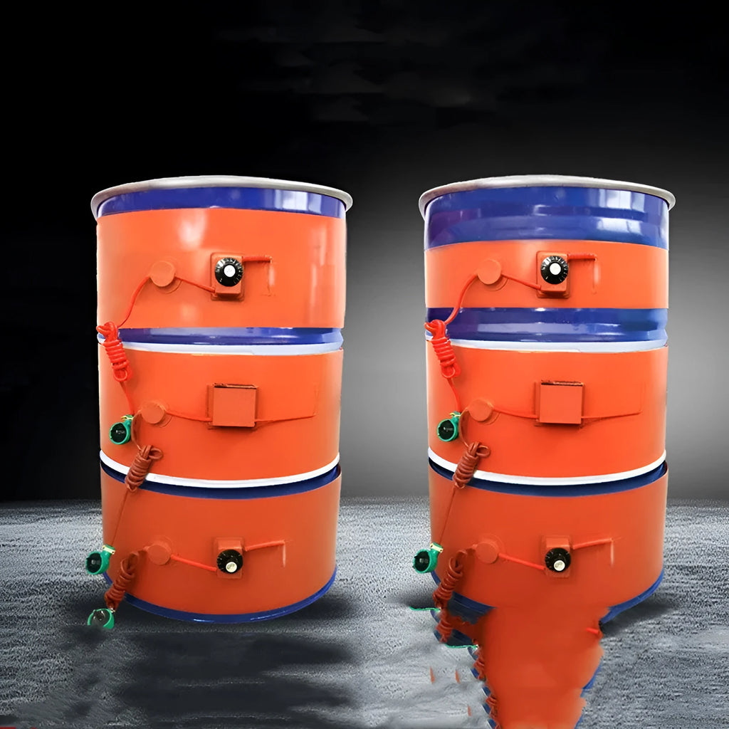Silicone rubber heating belt wrapped around 200-litre oil drum with digital control display visible