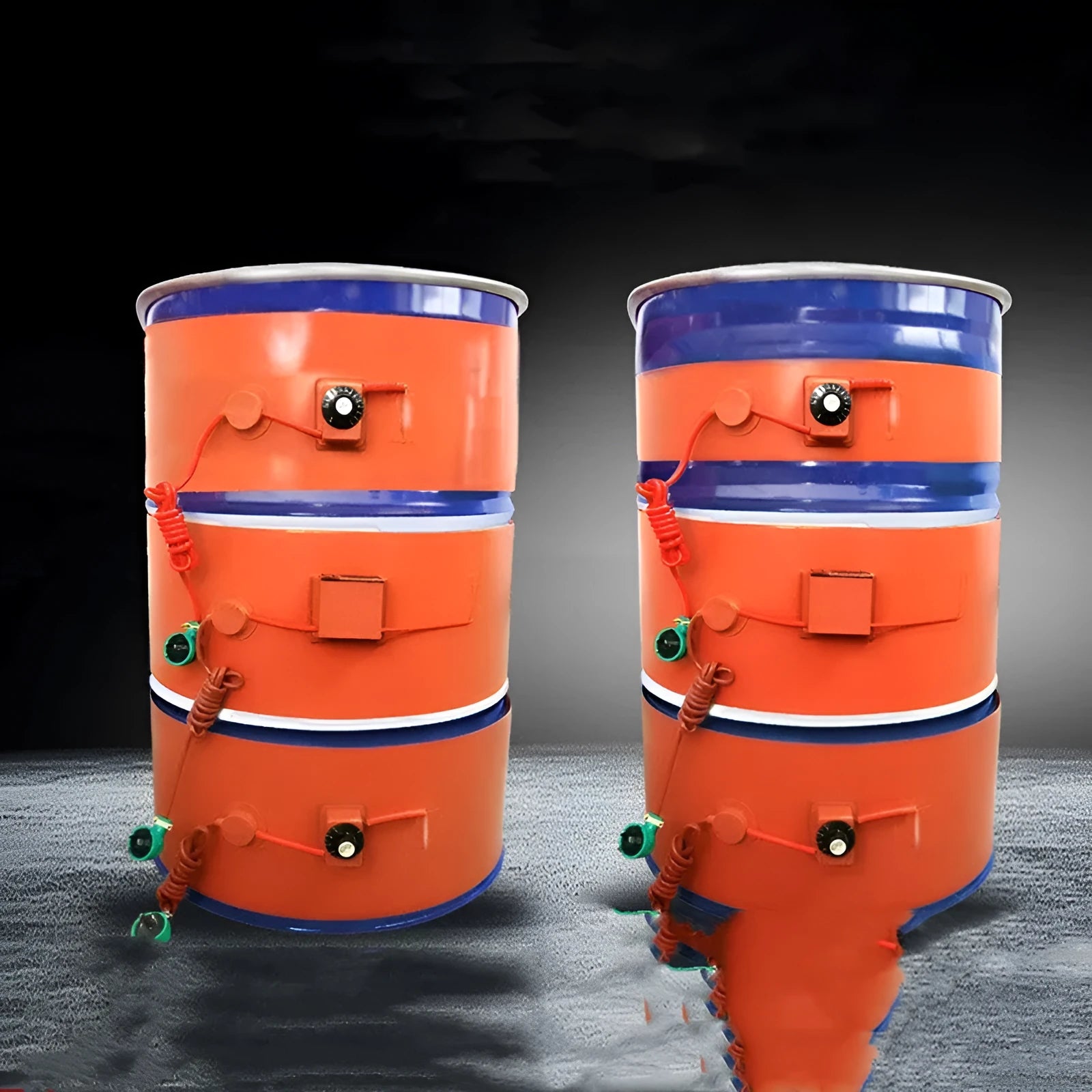 Silicone rubber heating belt wrapped around 200-litre oil drum with digital control display visible