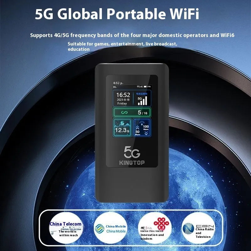 Black portable 5G WiFi router with LCD screen showing 4400mAh battery capacity and compact 125x70x17mm dimensions