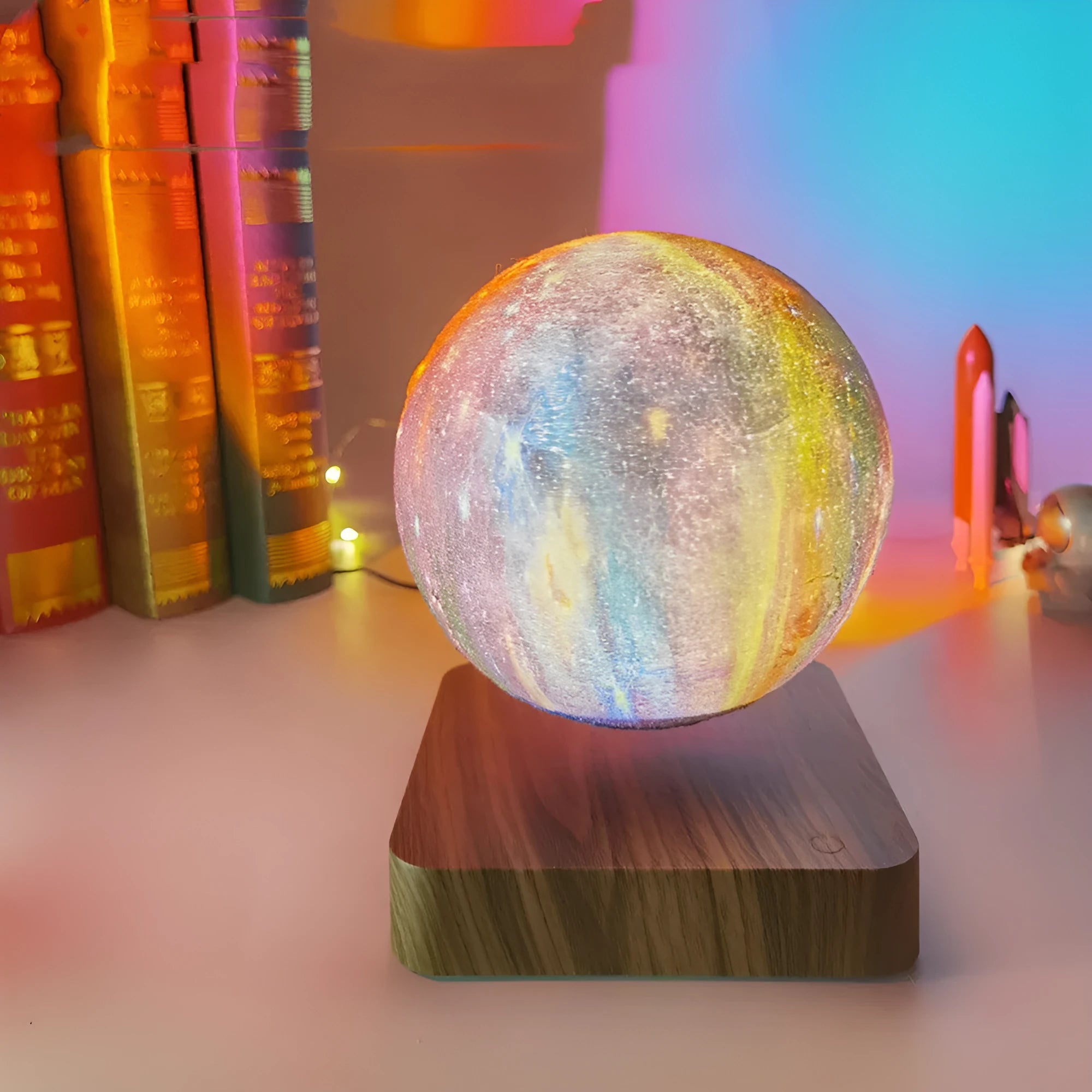 Magnetic levitation galaxy decorative light with floating moon lamp on walnut colour base