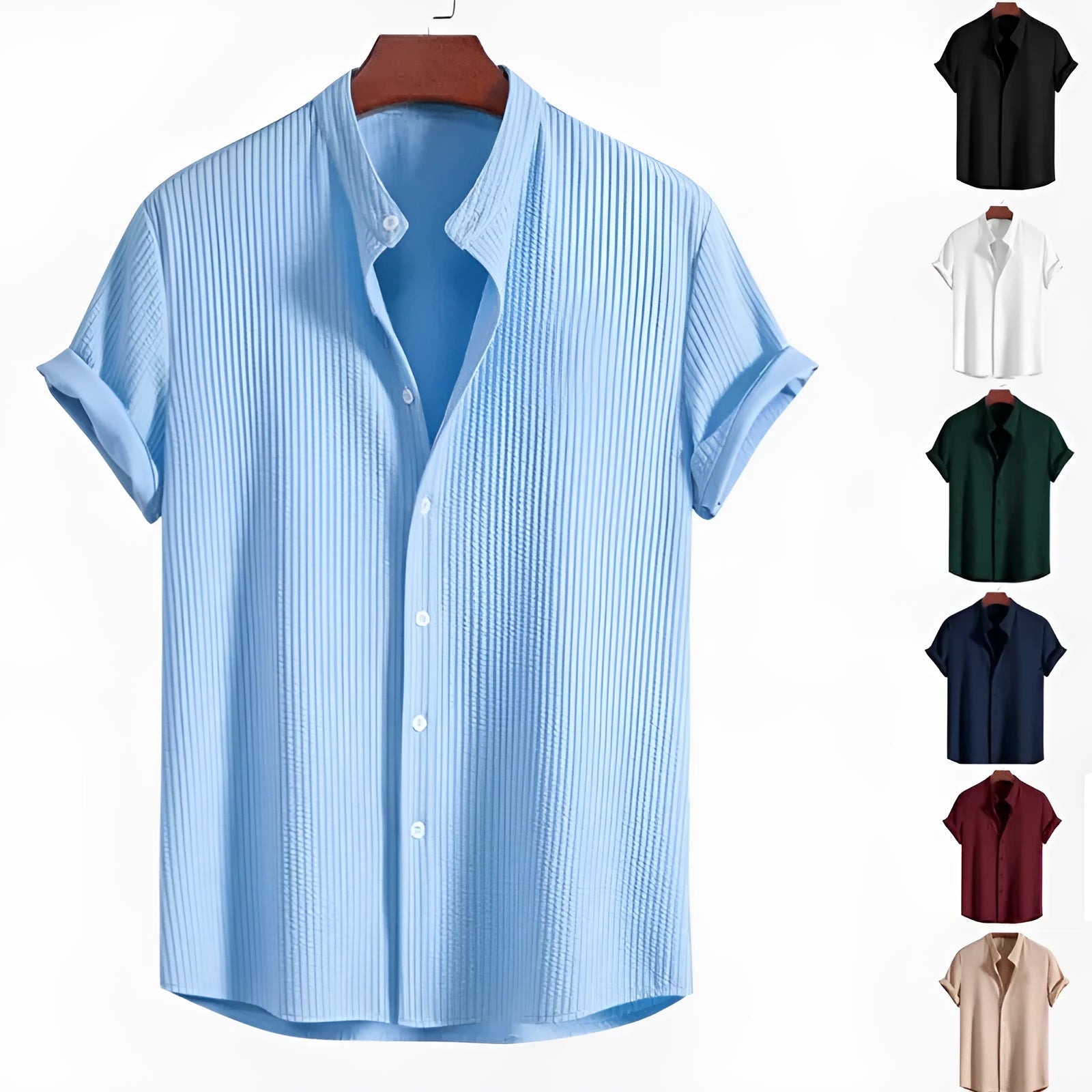 Men's loose fit short sleeve polyester shirt in multiple colours on a size chart background.