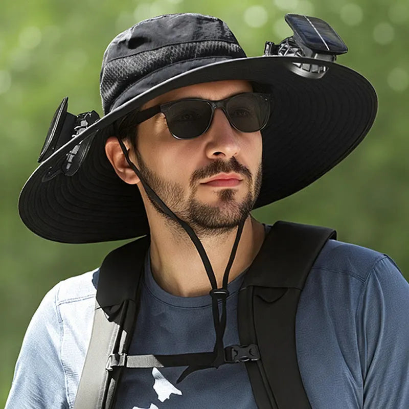Solar-powered fisherman style hat with built-in fan, shown in multiple colour options.