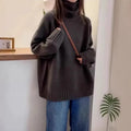 Women's loose turtleneck sweater with thick curling pile collar in red camel grey black colours