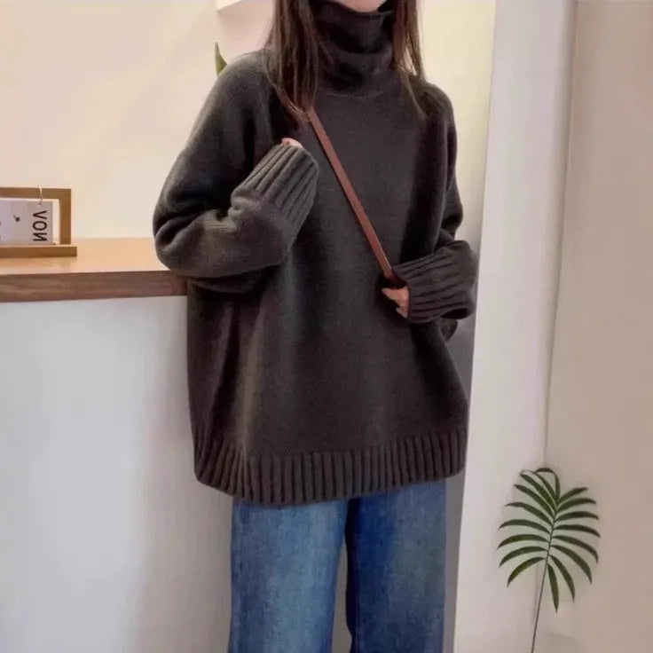 Women's loose turtleneck sweater with thick curling pile collar in red camel grey black colours