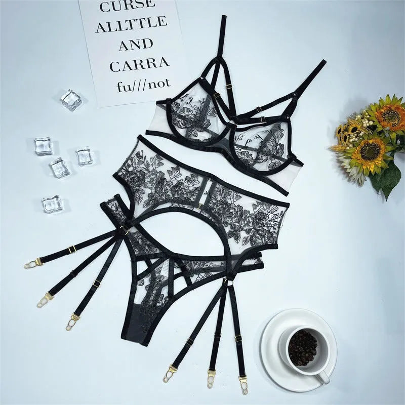 Black lace mesh floral print women's three-piece set with sleeveless top, trousers, and waist ring.