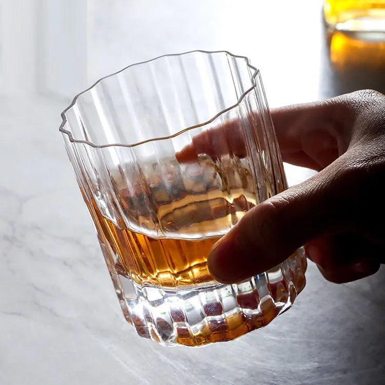 Light luxury crystal thick bottom lace whiskey glass with clear finish, 301-400ml capacity, high style silhouette