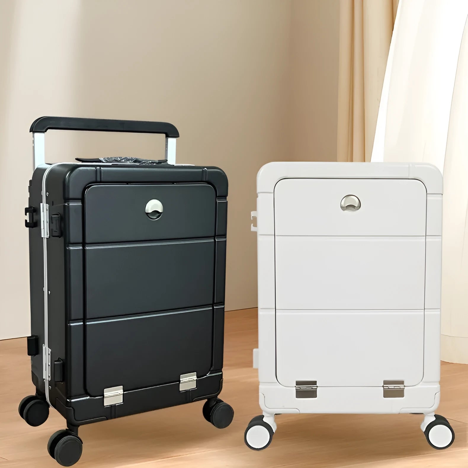 20-inch front opening suitcase showing dry-wet separation compartments in ABS PC material with universal wheels