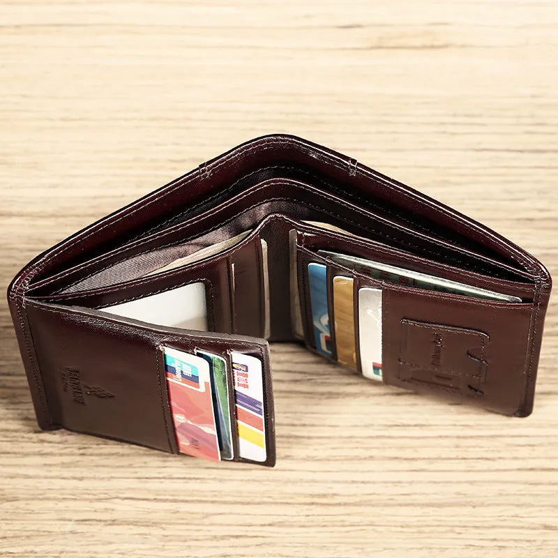 Men's black leather wallet open showing internal card slots, note compartment, and change section.