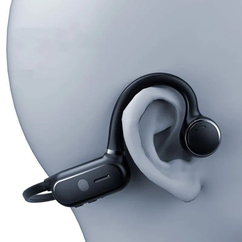 Black air conduction Bluetooth earphone with titanium frame showing ergonomic design