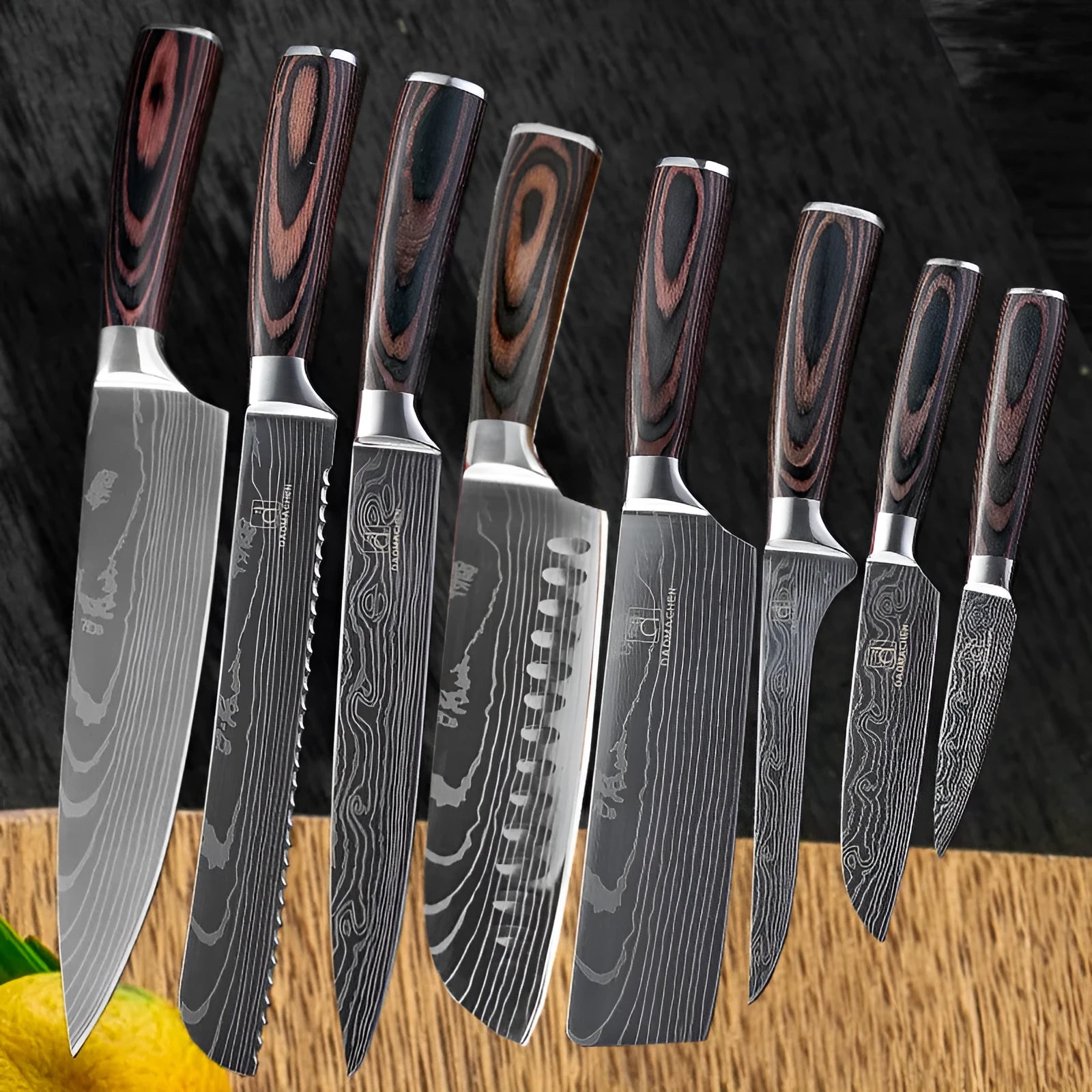 Chef knife with laser Damascus pattern blade and colour steel handle, 30cm long.