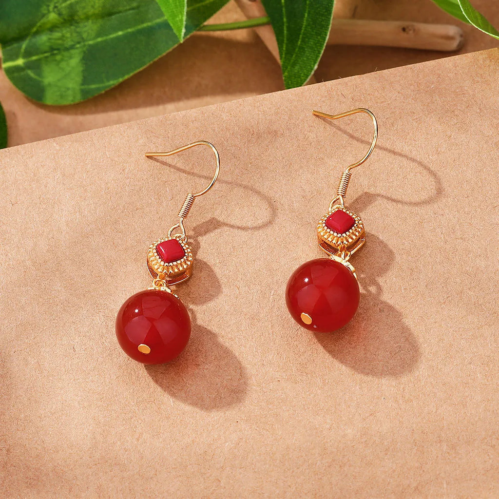 Geometric agate earrings with Southern Red Agate round beads and S925 silver inlaid accents on copper alloy