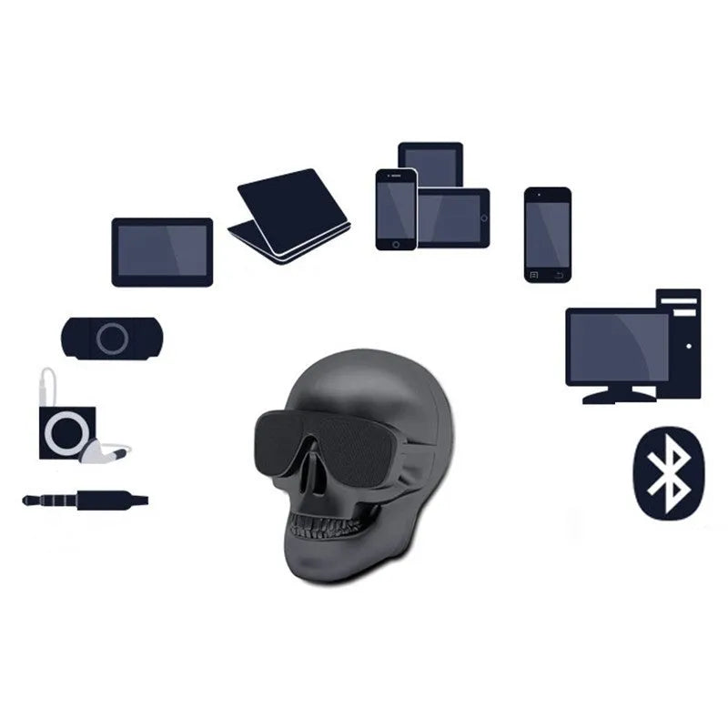 Skull-themed portable wireless Bluetooth speaker in choice of six colours on a table.