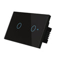 Modern 2-gang tempered glass touch light switch with white finish and blue LED indicator
