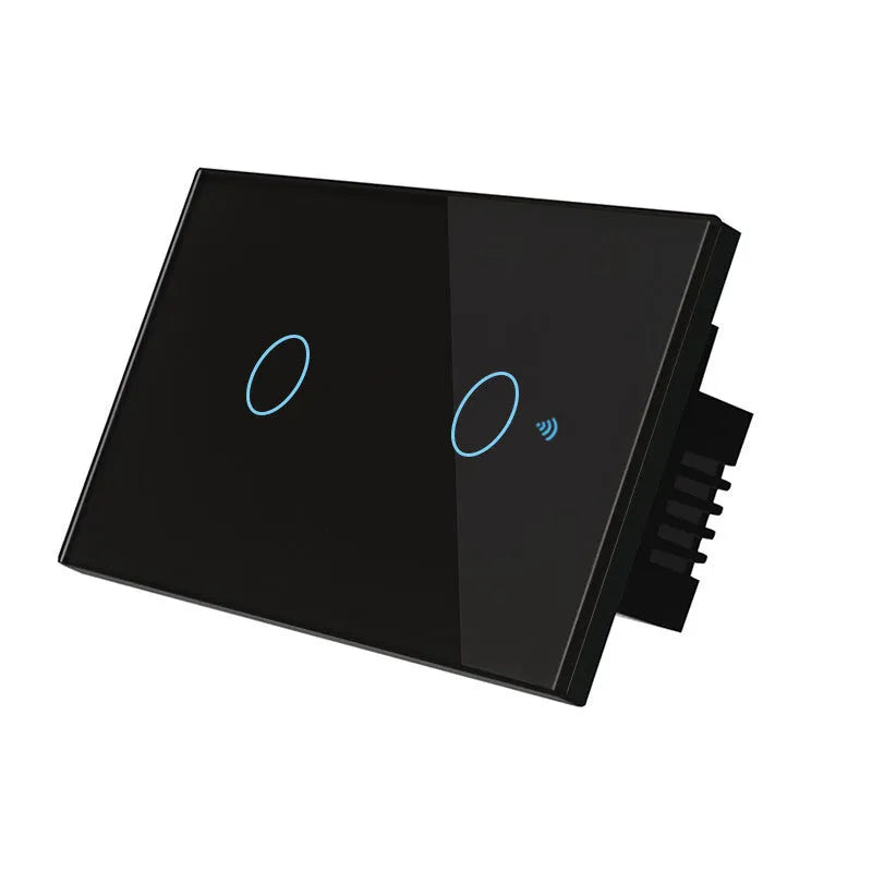 Modern 2-gang tempered glass touch light switch with white finish and blue LED indicator