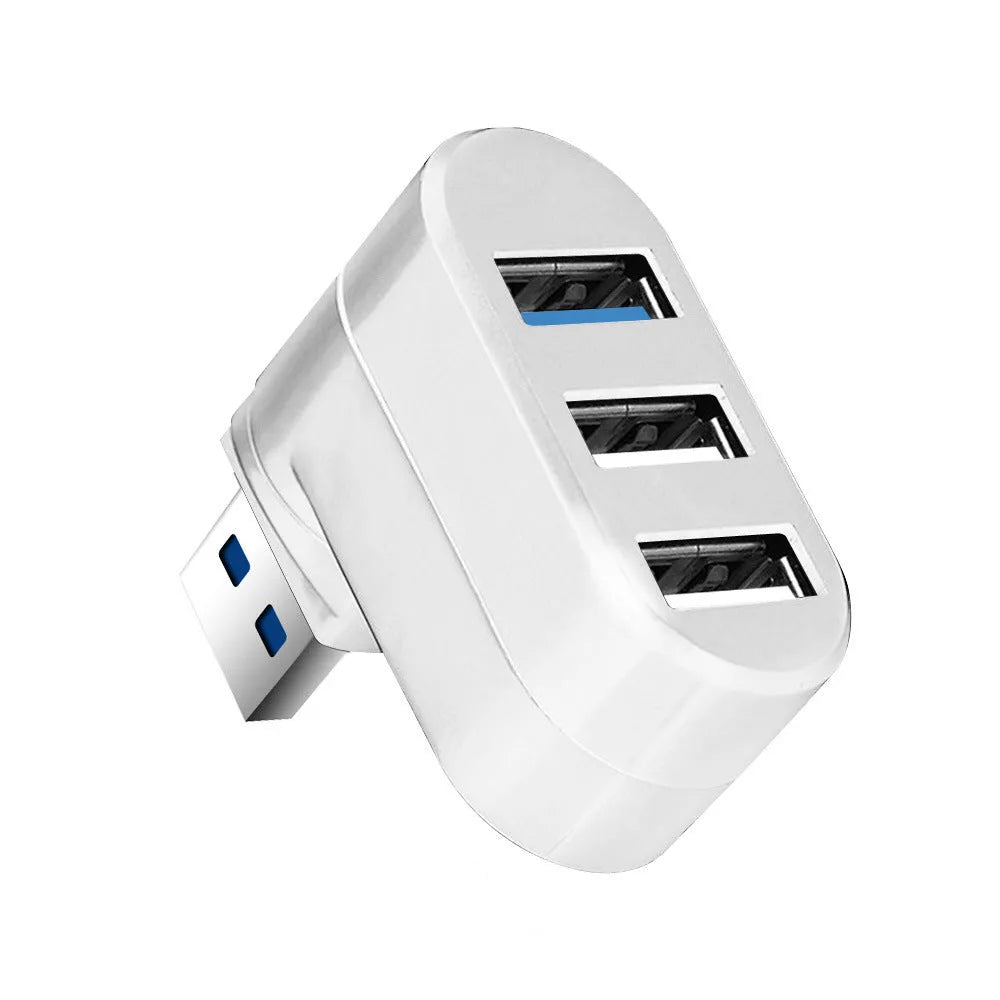 Black USB rotary splitter hub with four ports and swivel design on white background