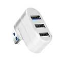Black USB rotary splitter hub with four ports and swivel design on white background