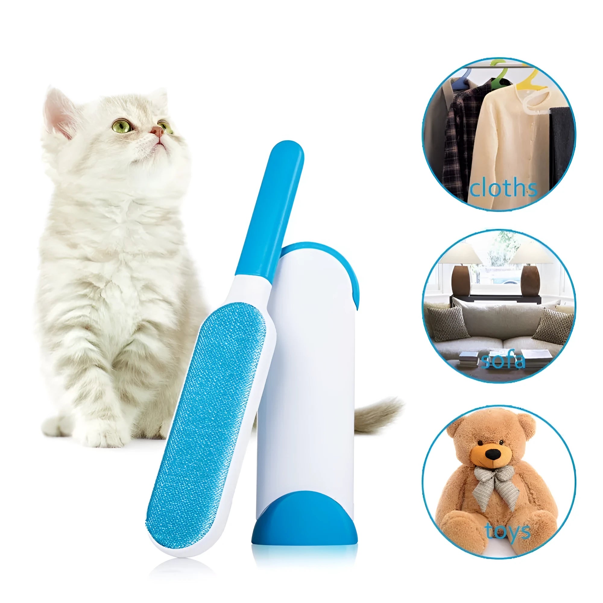 Blue pet hair removal comb with self-cleaning base for sofa upholstery