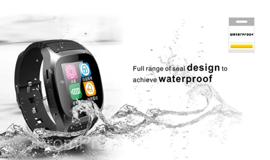 Smart Bluetooth sports watch compatible with iPhone and Android, in black, white, and blue colours.