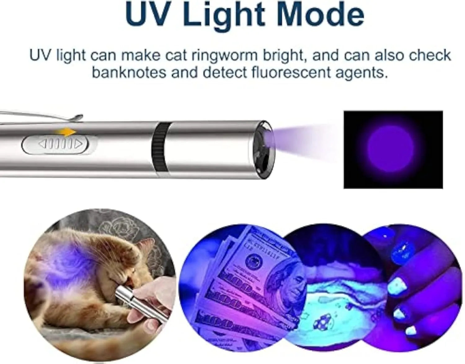 Silver aluminium cat laser pointer toy with USB charging and metal clip