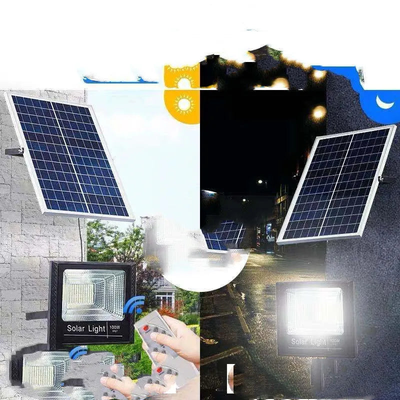 Black solar-powered LED flood light for outdoor garden and street lighting with remote control.