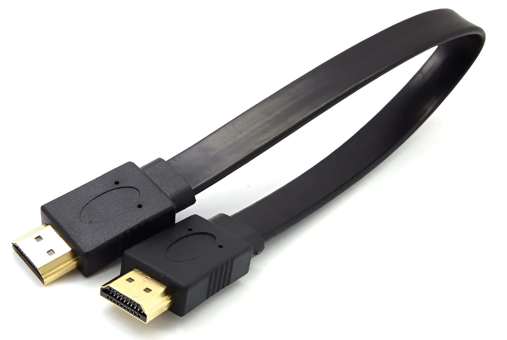 Flat HDMI cable showing version 1.4 specification with copper wire construction and multiple length options