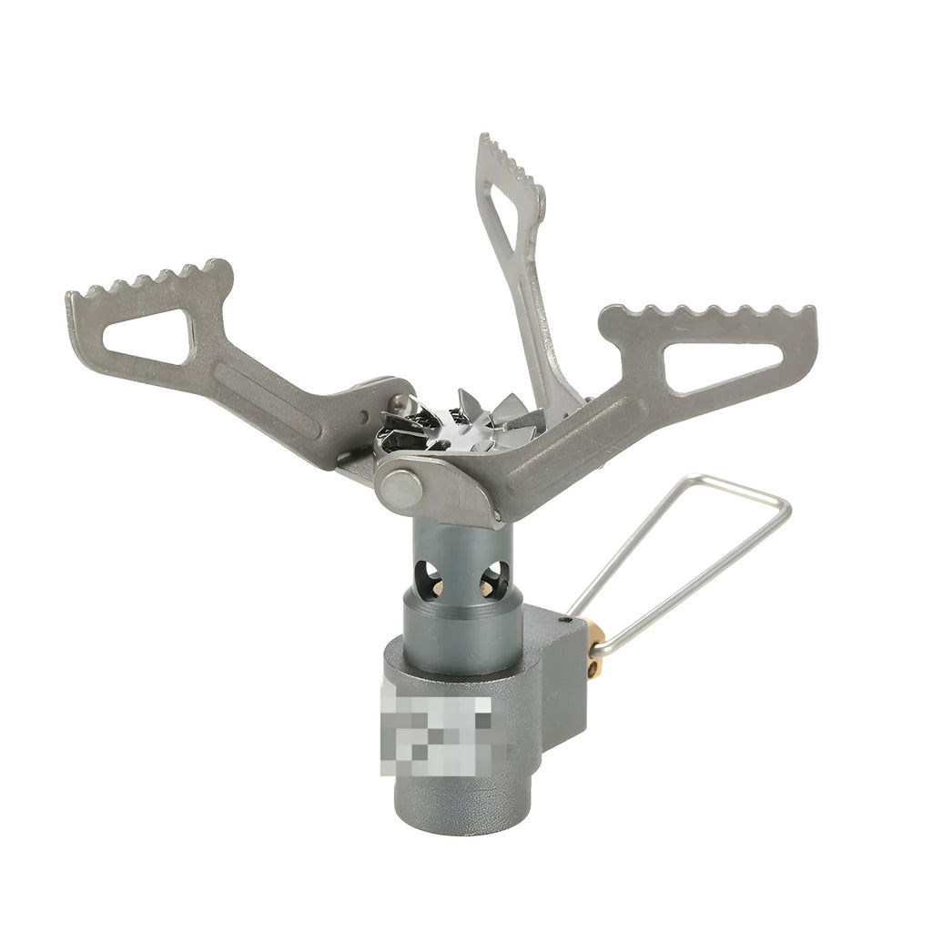 Portable propane camping stove with a one-piece metal furnace body.