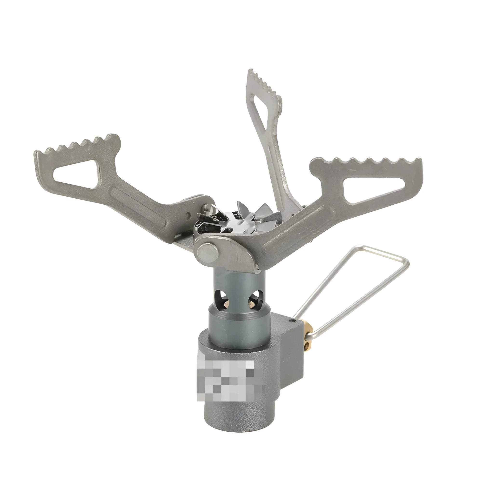 Portable propane camping stove with a one-piece metal furnace body.