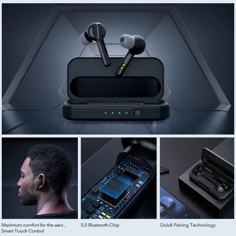 Black and white TWS wireless Bluetooth 5.0 earbuds with IPX5 waterproof rating