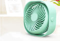 Compact USB desk fan with rotary switch shown in blue colour, demonstrating 360-degree rotation feature.