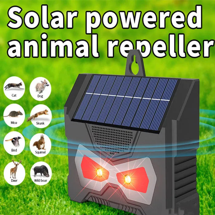 Black outdoor solar ultrasonic animal repeller with animal-themed design
