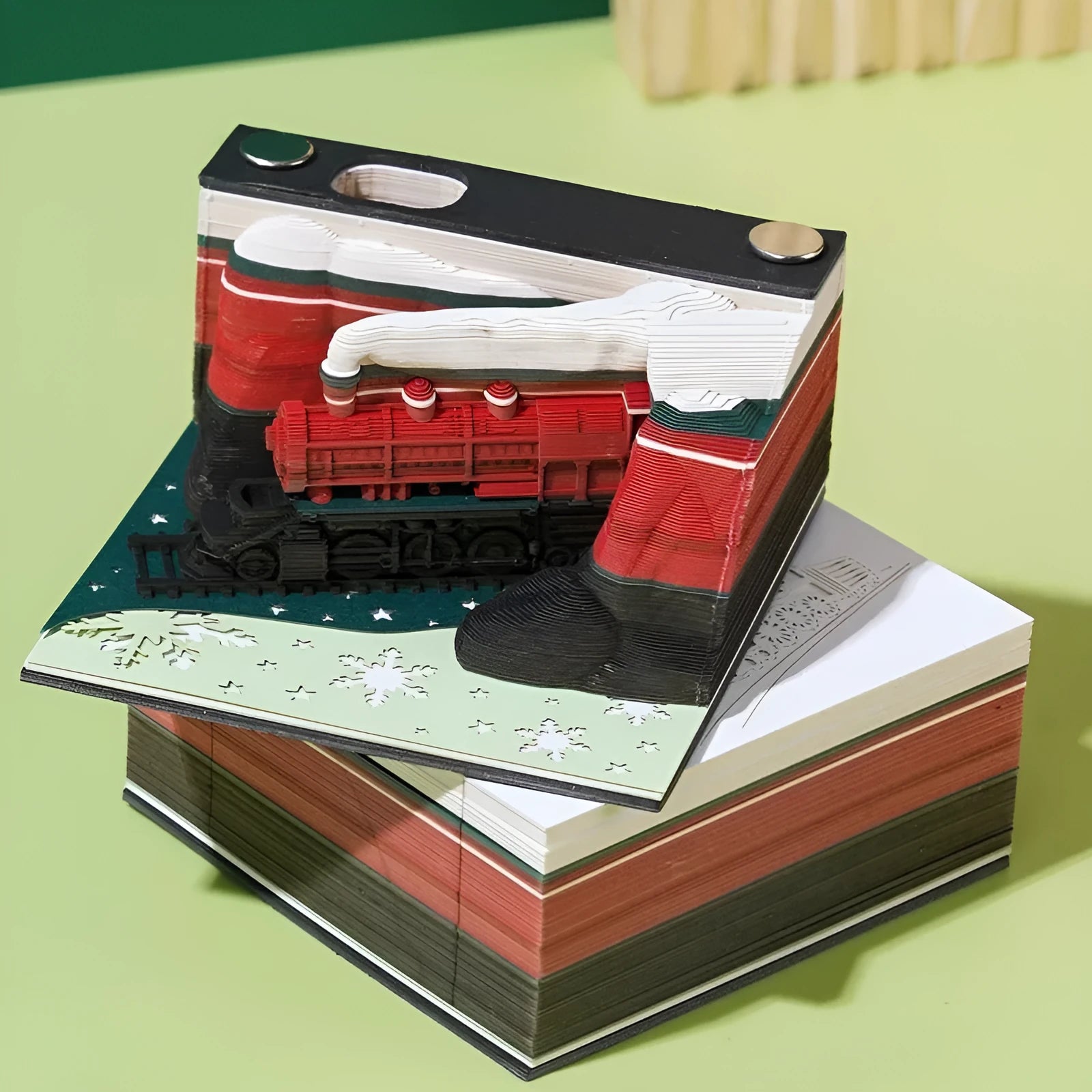 3D paper carving sticky notes notepad depicting Qingshui Temple with Christmas Train coloured cover.