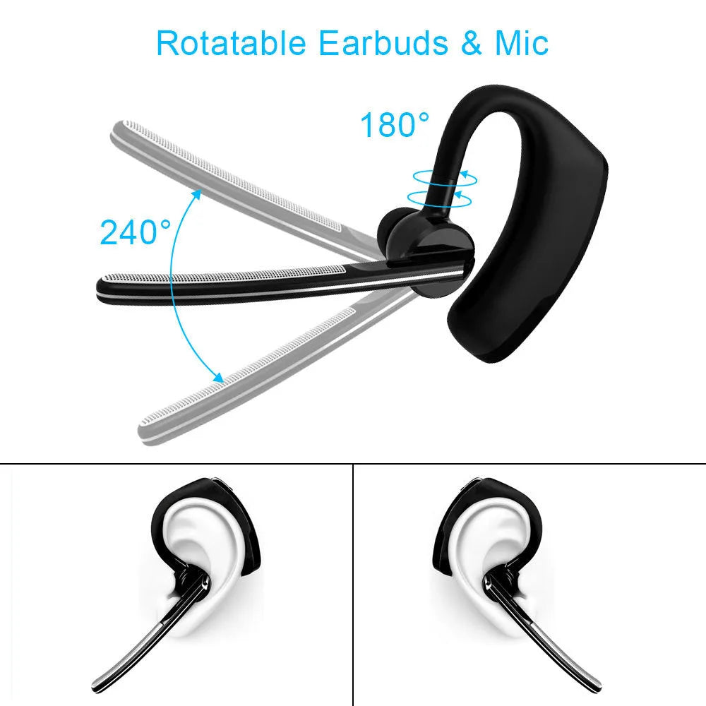 V9 Jerry black Bluetooth headset with ear-bud and charging cable on a white background