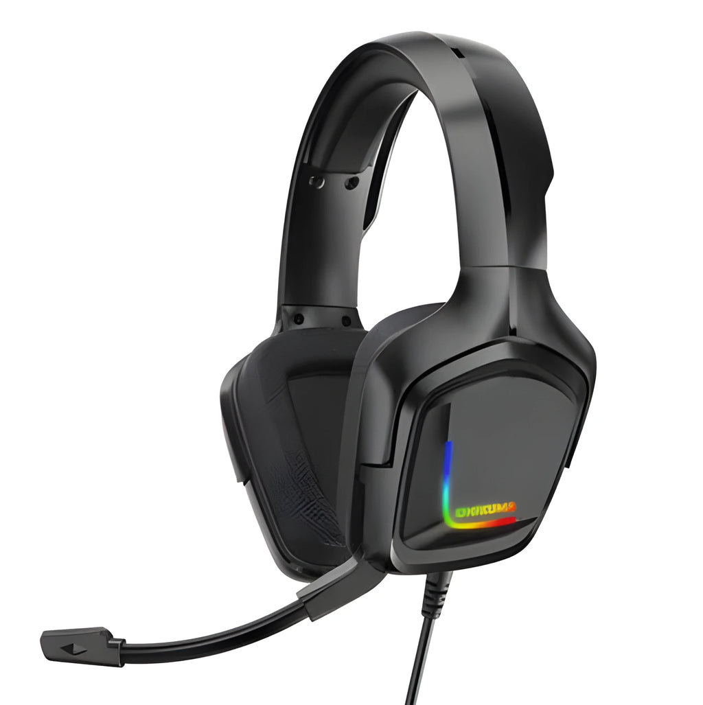 K20 RGB luminous wired gaming headset with microphone, cloth earmuffs, and braided cable in camouflage grey