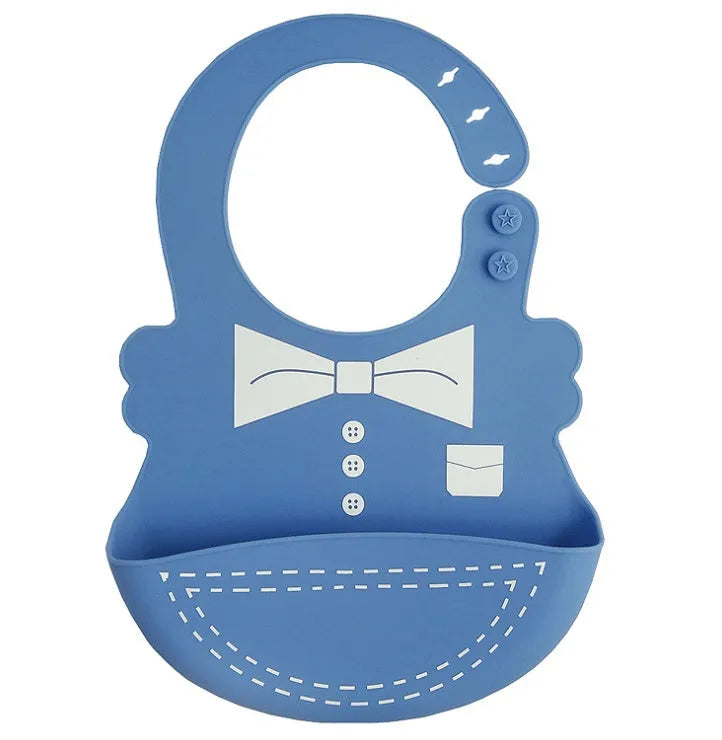 Waterproof silicone baby feeding bib with deep pocket in multiple colours, 28x21cm, on a white background