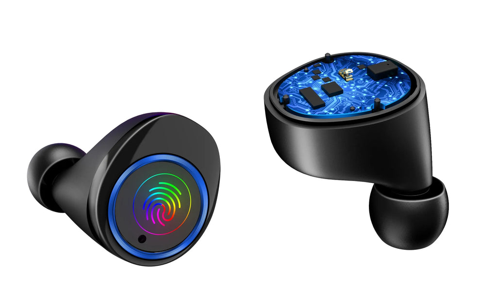 Black X11 Bluetooth wireless earbuds and charging case with six silicone ear sleeves.
