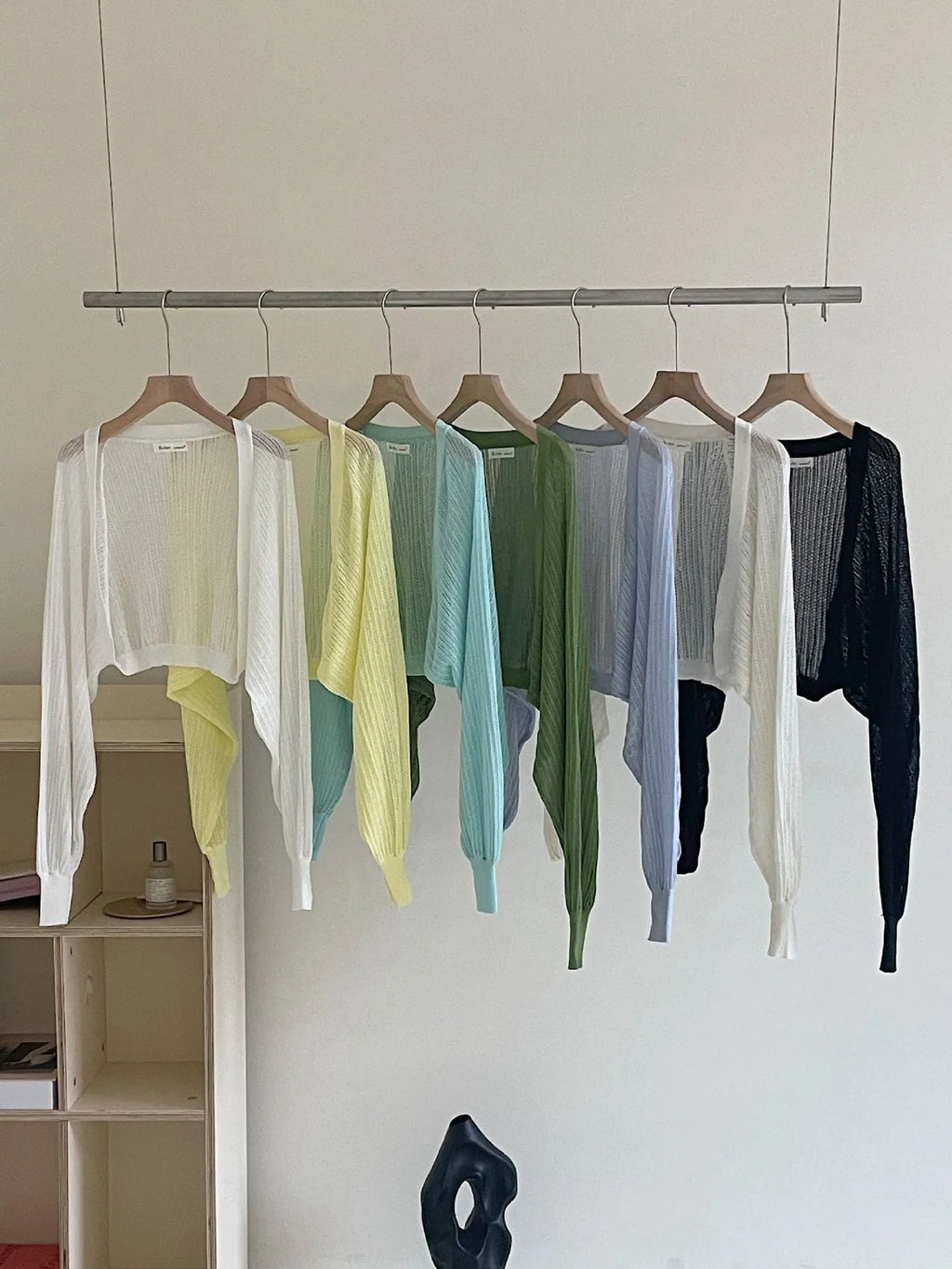 Linen blend blouse with long lantern sleeves and hollow-out design in multiple colour options