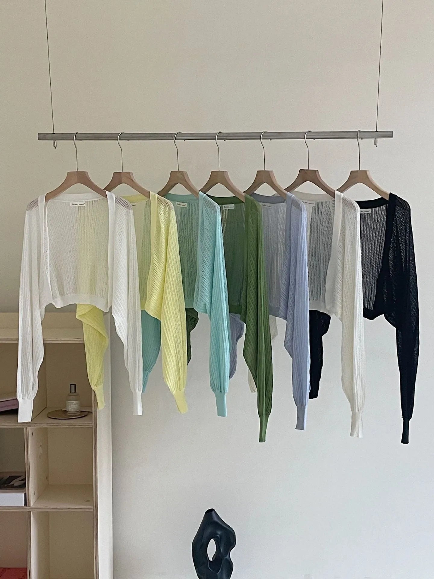 Linen blend blouse with long lantern sleeves and hollow-out design in multiple colour options