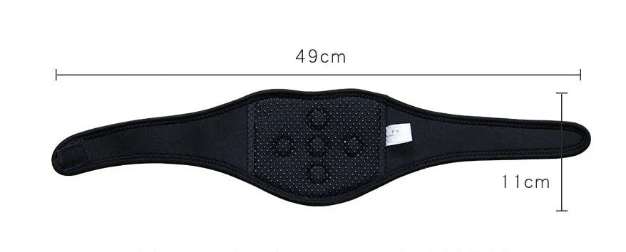 Black adjustable self-heating magnetic therapy neck guard showing straps.