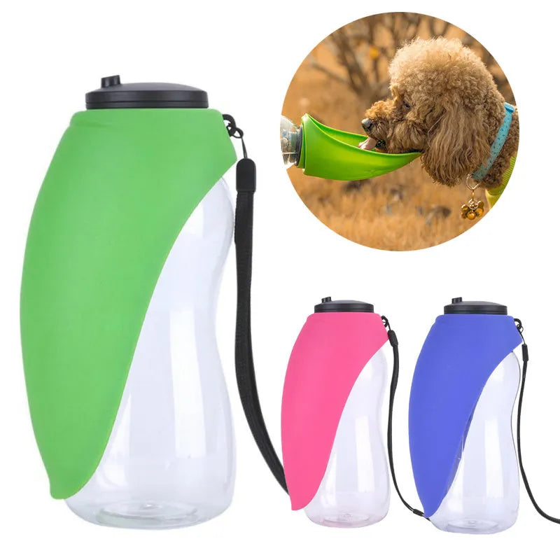 Portable pet water bottle with drinking bowl in sky blue colour showing 680ml capacity and carrying options