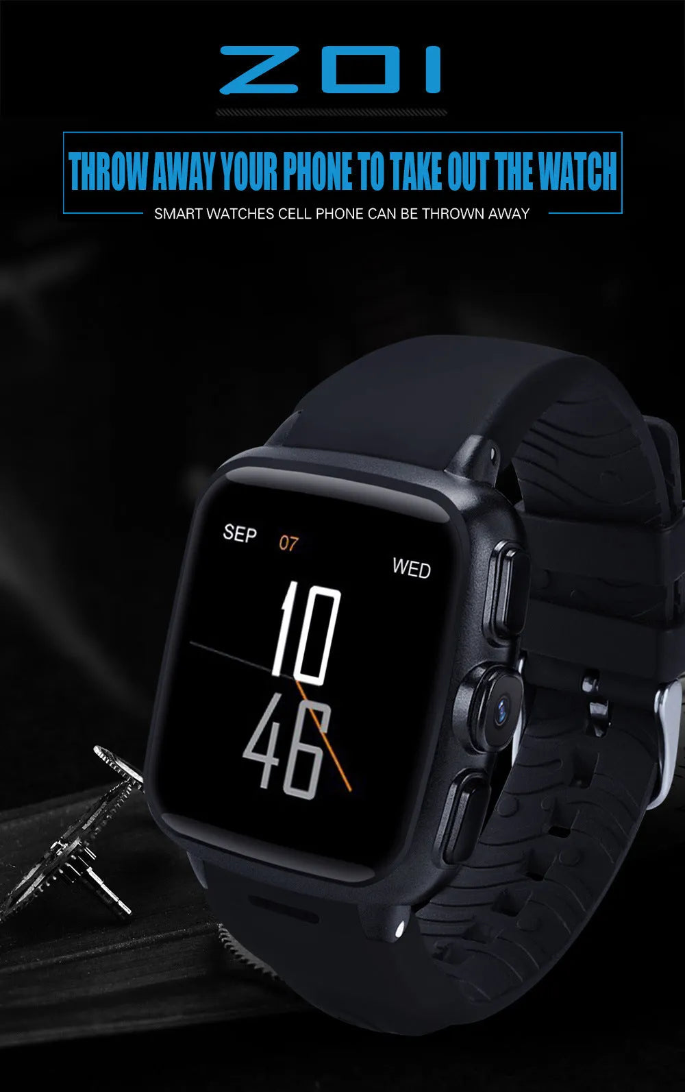 Black and white Android smart watch with 1.54 inch HD touchscreen display