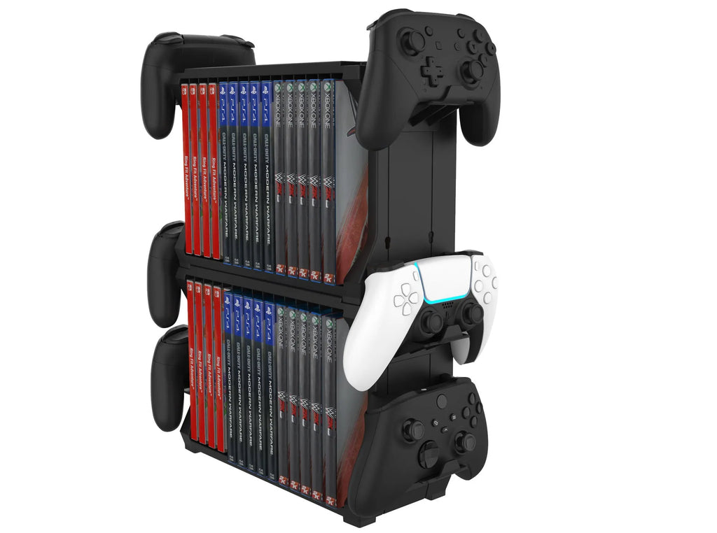 Black plastic PS5 and Xbox Series X game disc holder with space for four controllers.