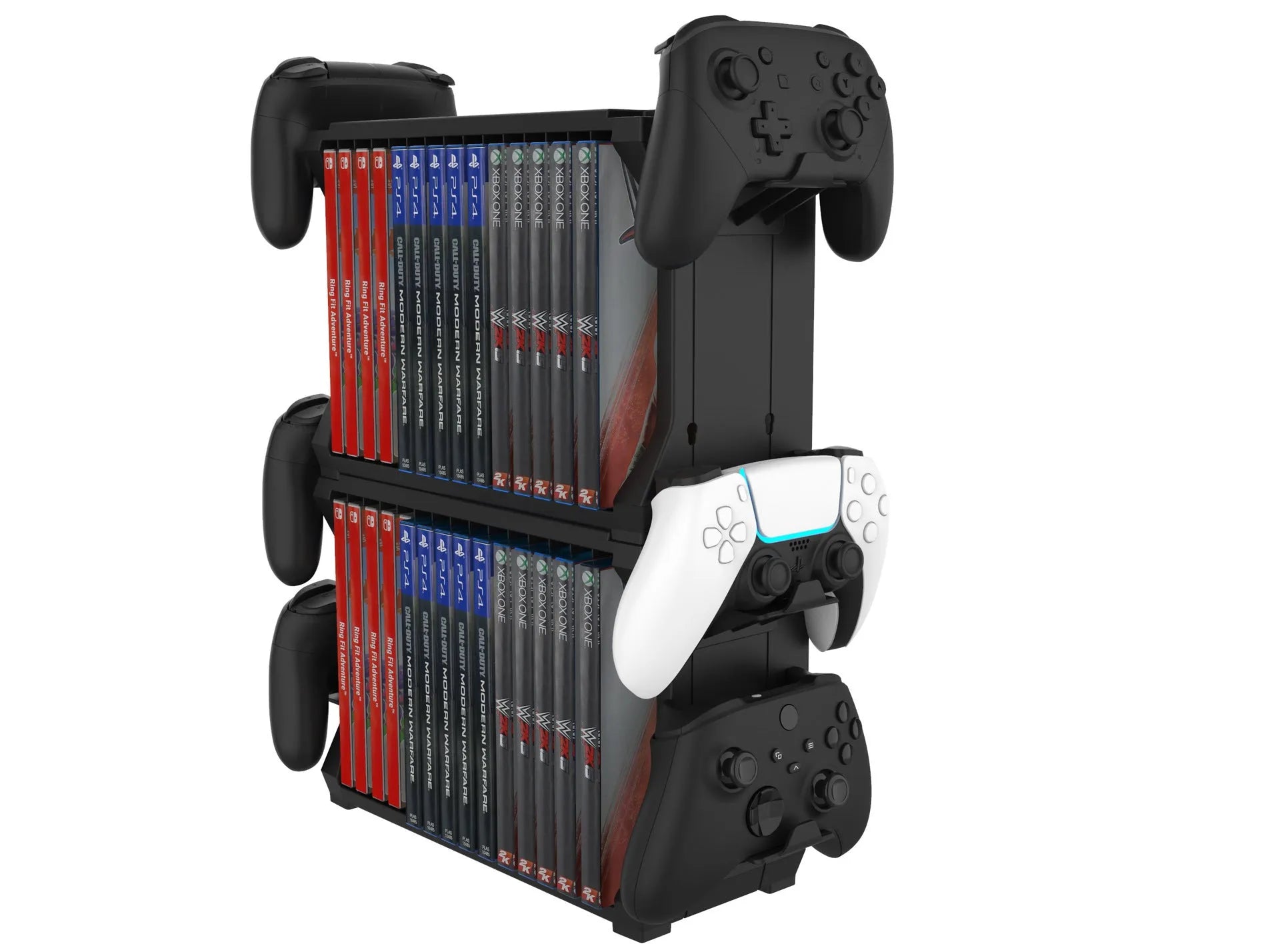 Black plastic PS5 and Xbox Series X game disc holder with space for four controllers.